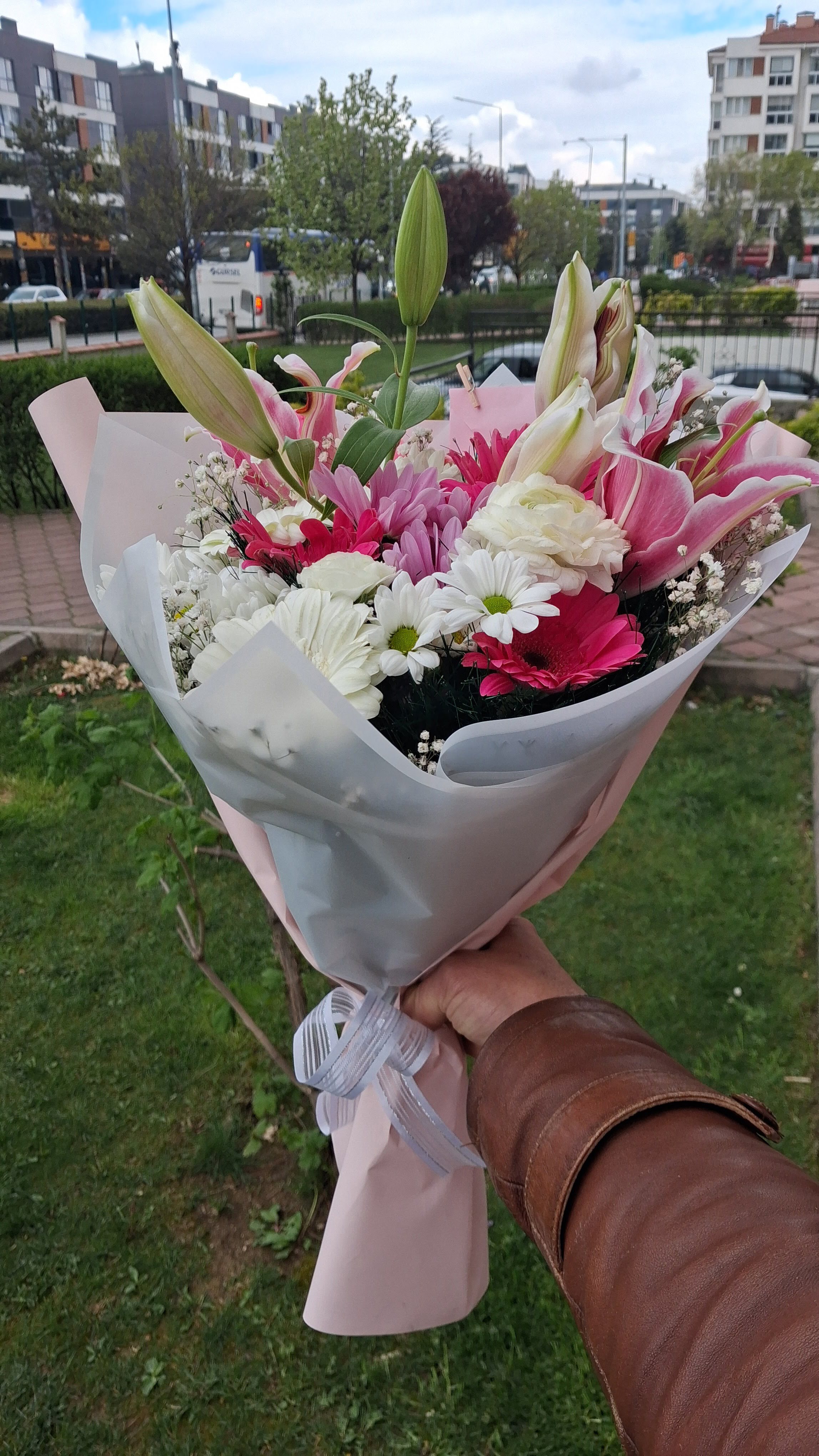 Pembe Lilyum ve papatyalar